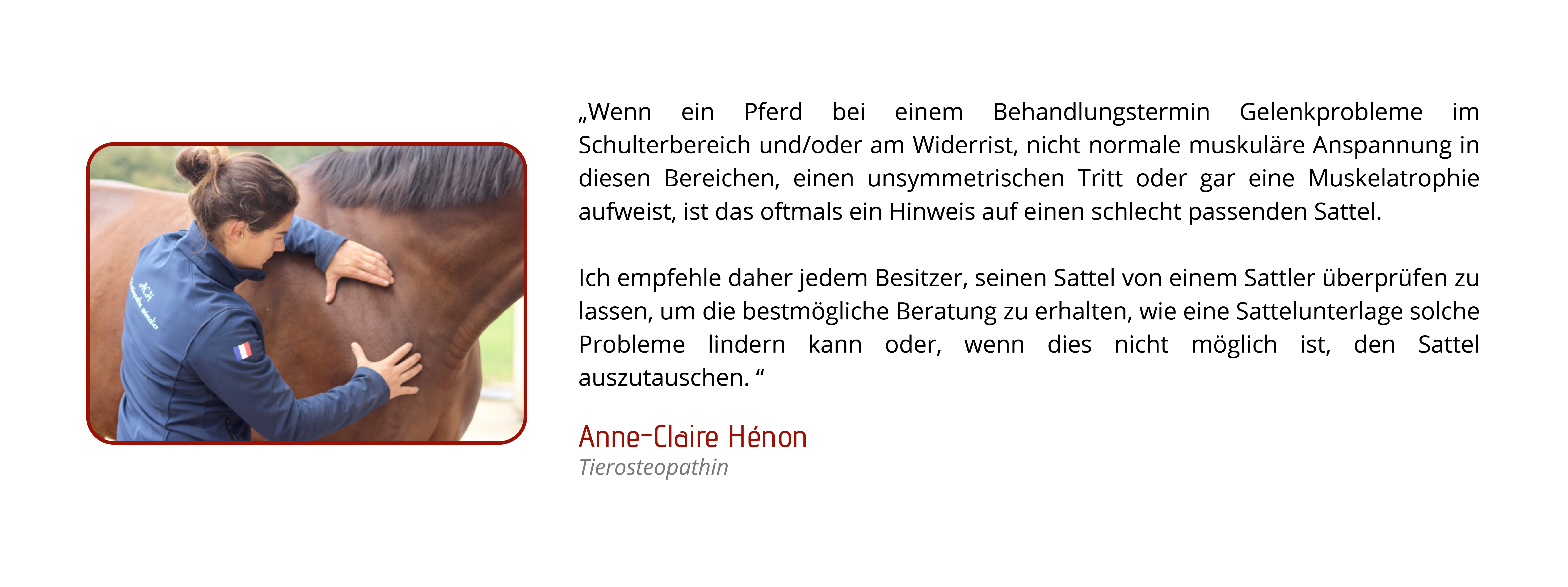 Wenn ein Pferd bei einem Behandlungstermin Gelenkprobleme im Schulterbereich und/oder am Widerrist, nicht normale muskuläre Anspannung in diesen Bereichen, einen unsymmetrischen Tritt oder gar eine Muskelatrophie aufweist, ist das oftmals ein Hinweis auf einen schlecht passenden Sattel. Ich empfehle daher jedem Besitzer, seinen Sattel von einem Sattler überprüfen zu lassen, um die bestmögliche Beratung zu erhalten, wie eine Sattelunterlage solche Probleme lindern kann oder, wenn dies nicht möglich ist, den Sattel auszutauschen.