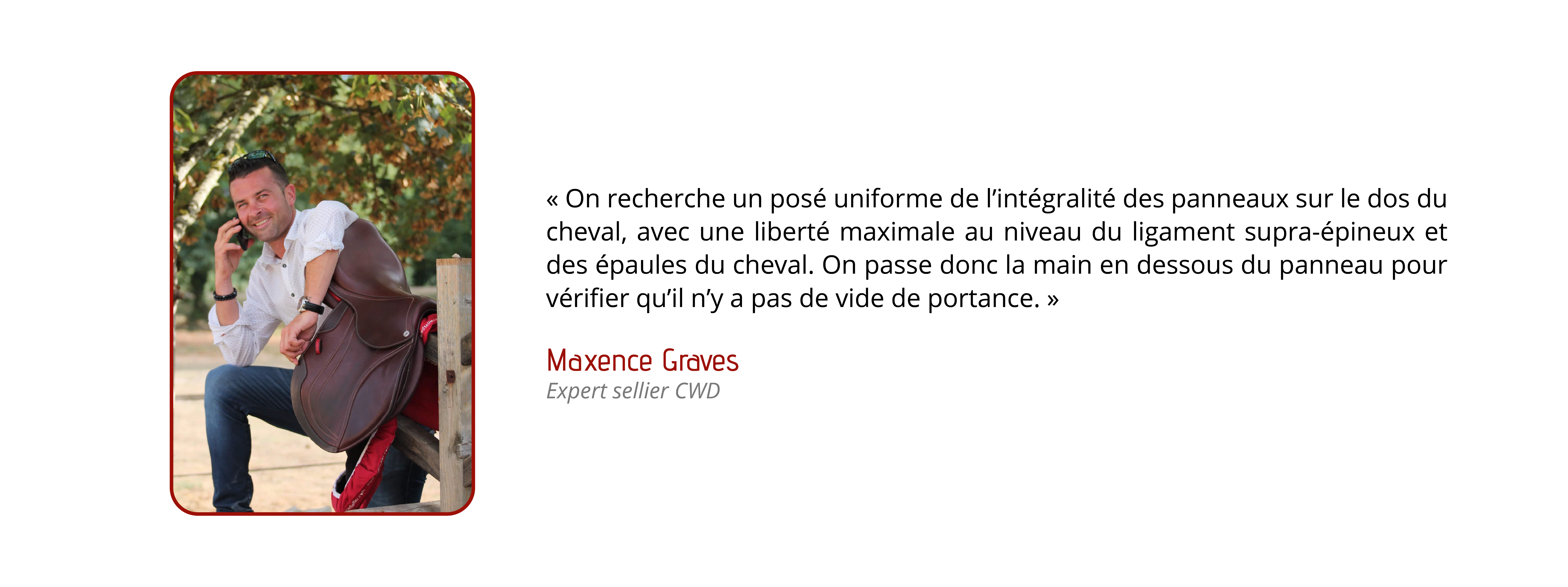 On recherche un posé uniforme de l'intégralité des panneaux sur le dos du cheval, avec une liberté maximale au niveau du ligament supra-épineux et des épaules du cheval.