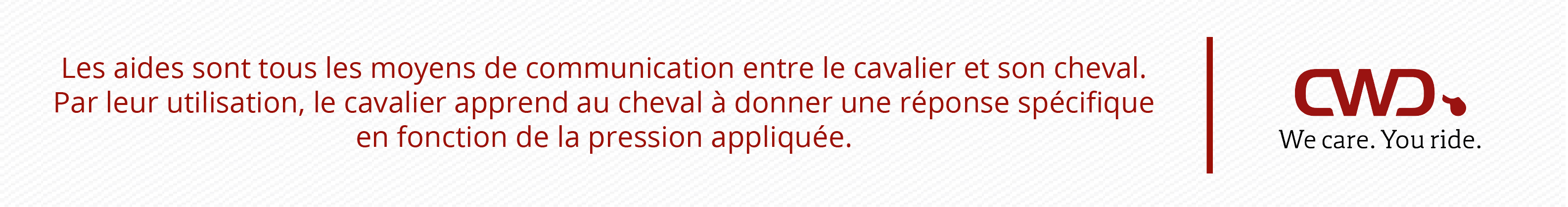 Les aides sont tous les moyens de communication entre le cavalier et son cheval. Par leur utilisation, le cavalier apprend au cheval à donner une réponse spécifique en fonction de la pression appliquée.