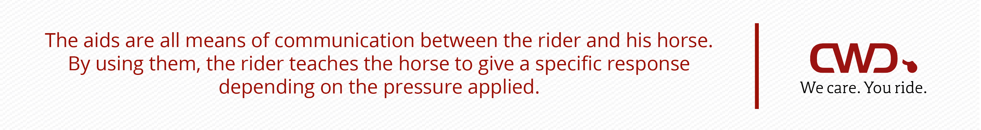 The aids are all means of communication between the rider and his horse. By using them, the rider teaches the horse to give a specific response depending on the pressure applied.